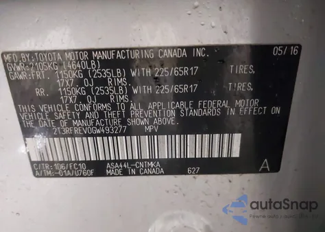 2016 Toyota Rav4 Xle from USA, damaged, VIN 2T3RFREV0GW493277
